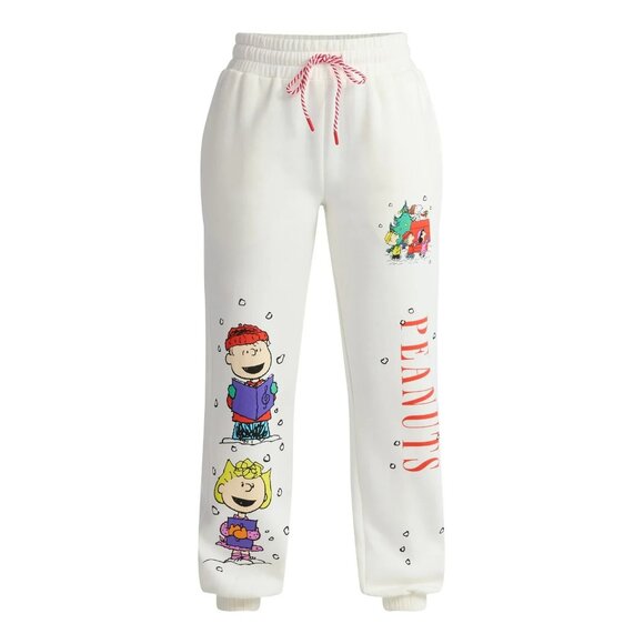 Peanuts Gang Snoopy And Friends Womens Large Holiday Jogger Sweatpants Off White - Picture 1 of 16